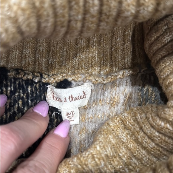 Hem & Thread Tan and Blue Cowl Neck Sweater with Textured Stripes - Picture 2 of 3